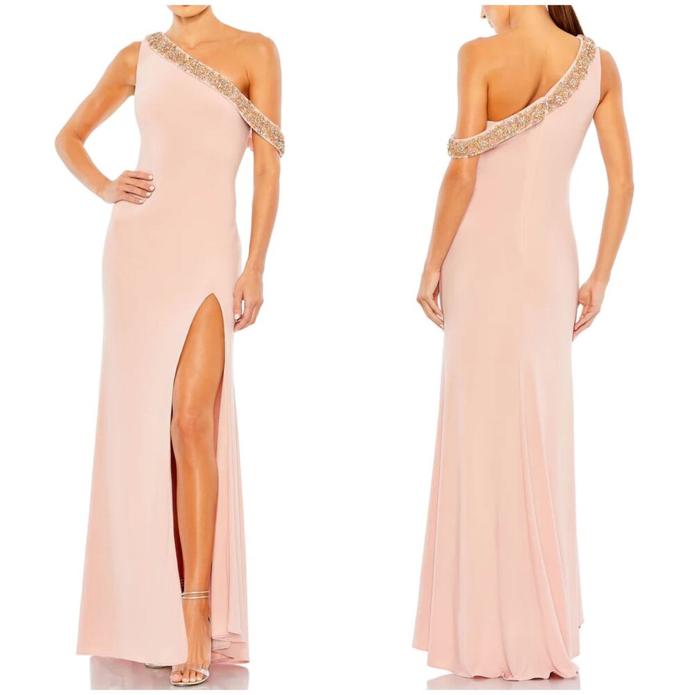 Mac Duggal NWT Beaded Drop Shoulder Jersey Gown Rose Pink Size 10 Rhinestone